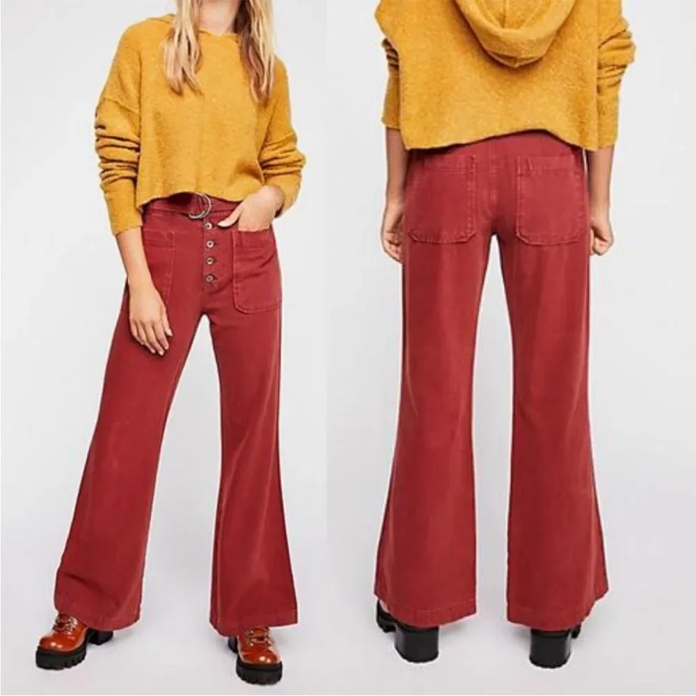 Free People Corin Mod Red Wine Slim Flare Pants Women's Size 0